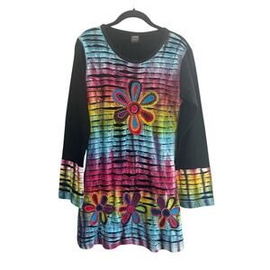 Shop Therapy Dress S/M Tie Dye Floral Boho Hippie Festival Rainbow Black #5044
